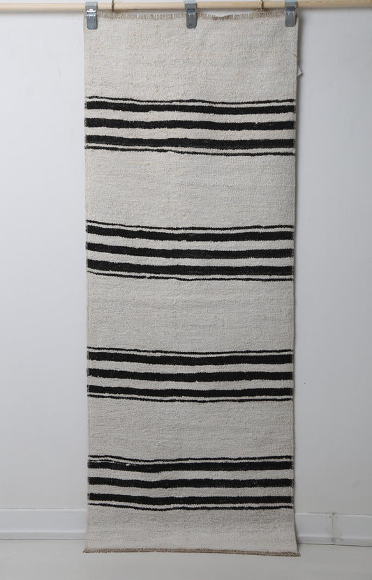 2'3 x 5'10 Vintage Turkish Hemp Runner Rug, White Black Striped Minimal Hallway Rug
