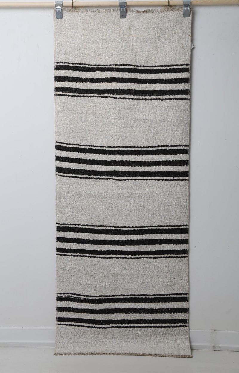2'3 x 5'10 Vintage Turkish Hemp Runner Rug, White Black Striped Minimal Hallway Rug