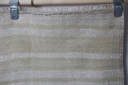 4'6 x 4'9 Vintage Turkish Hemp Rug, White Beige Red Striped Minimal Square Rug