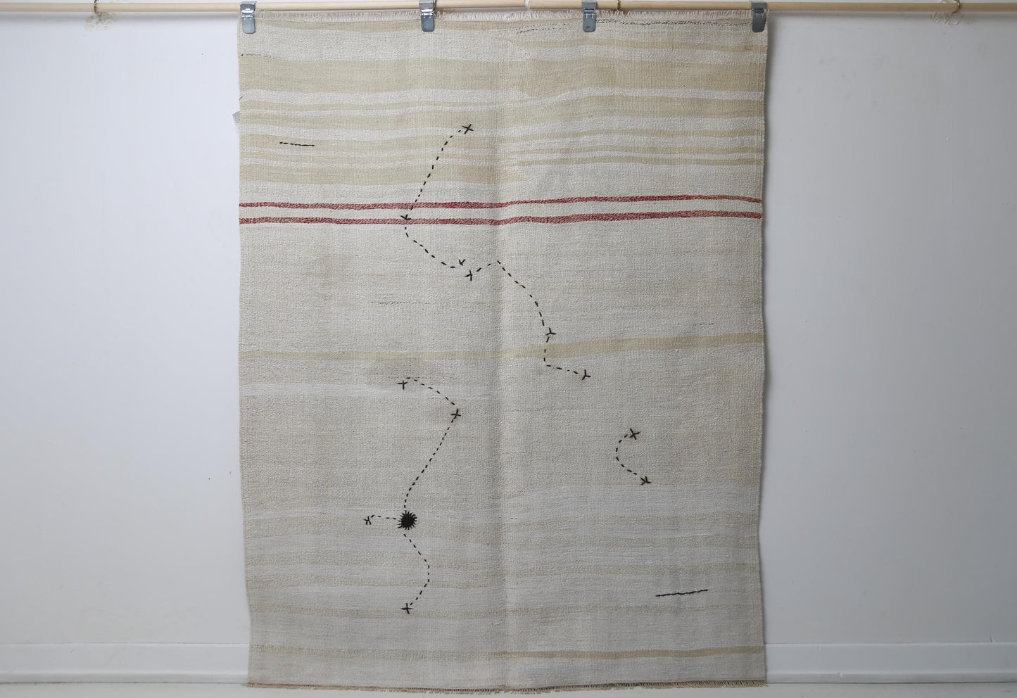 4'6 x 4'9 Vintage Turkish Hemp Rug, White Beige Red Striped Minimal Square Rug