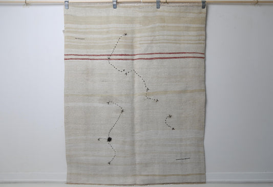 4'6 x 4'9 Vintage Turkish Hemp Rug, White Beige Red Striped Minimal Square Rug