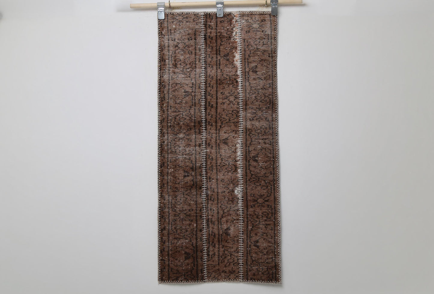 1'11 x 4'5 Vintage Turkish Patchwork Runner Rug, Brown Wool Cotton Narrow Hallway Rug