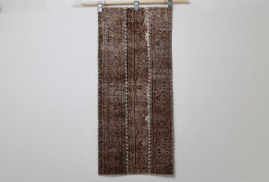 1'11 x 4'5 Vintage Turkish Patchwork Runner Rug, Brown Wool Cotton Narrow Hallway Rug