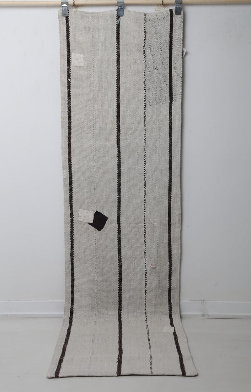2'2 x 7'10 Vintage Turkish Hemp Runner Rug, White Black Striped Long Hallway Rug