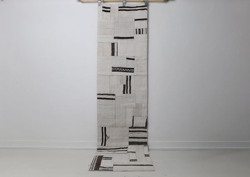 1'11 x 7'10 Vintage Turkish Hemp Patchwork Runner Rug, Black White Minimal Long Hallway Rug