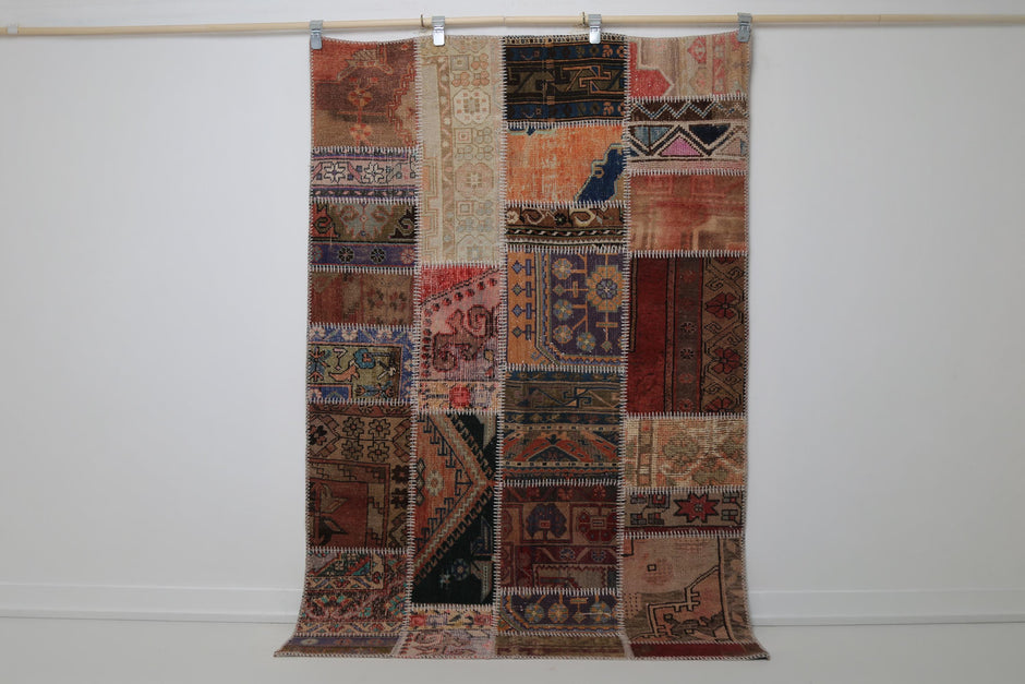 4'3" x 6'5" Vintage Turkish Patchwork Rug, multicolor full view