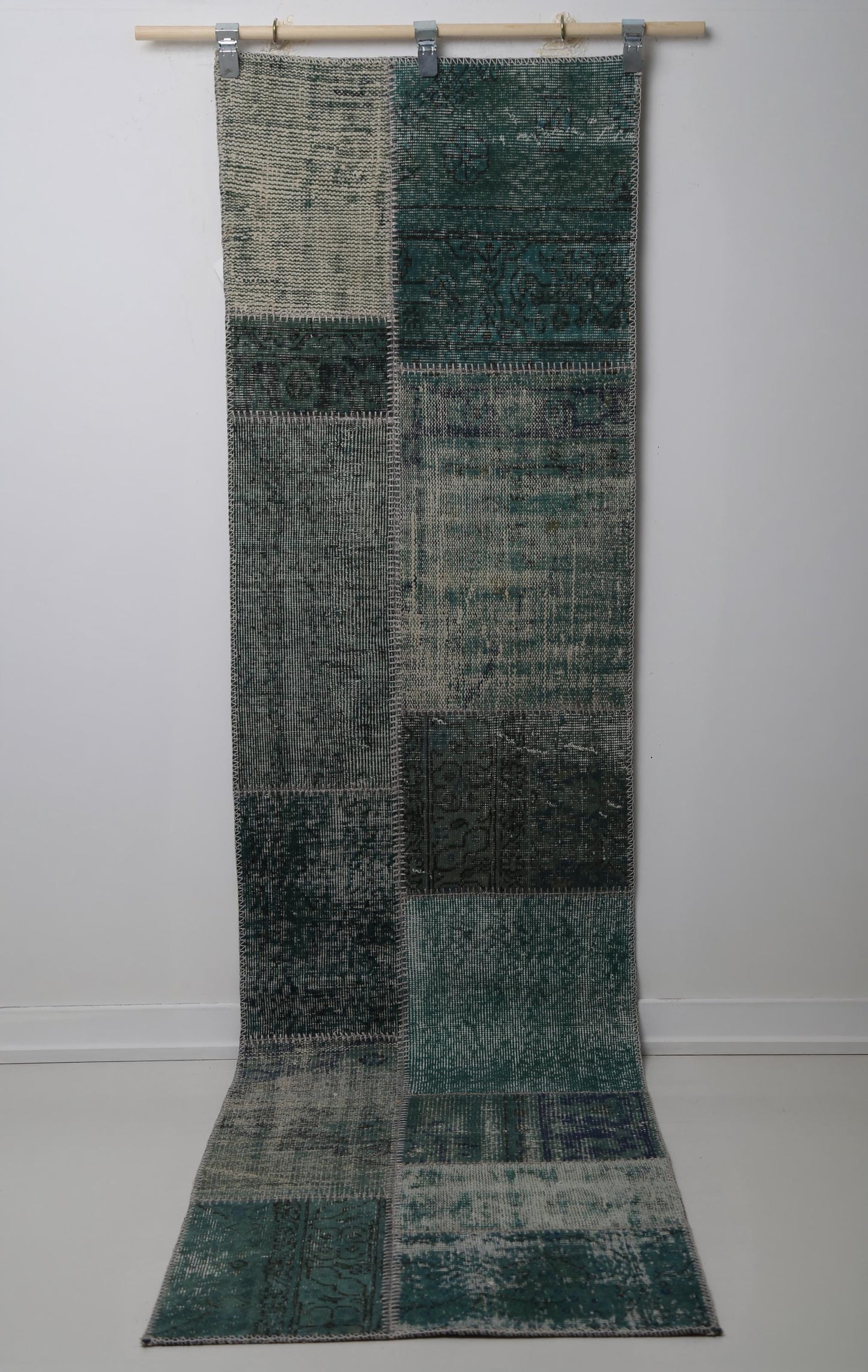 2'4 x 9'1 Vintage Turkish Patchwork Runner Rug, Green Long Hallway Wool Rug