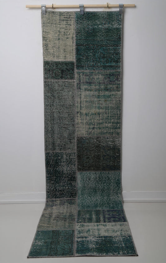 2'4 x 9'1 Vintage Turkish Patchwork Runner Rug, Green Long Hallway Wool Rug