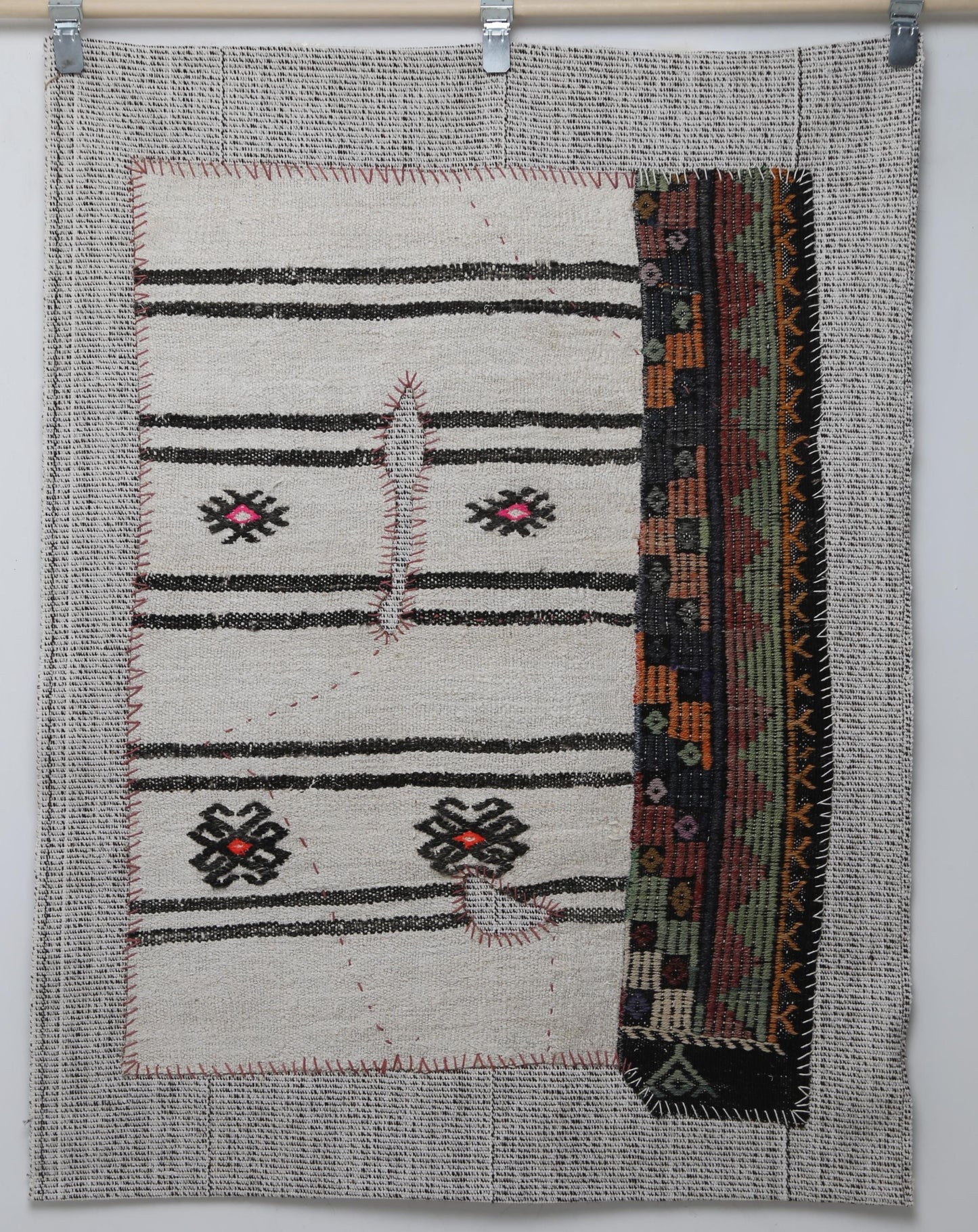 Kilim Tapestry Wall Hanging Rug, Minimal Striped Textile Art, Neutral Boho Wall Decor, Black White Flatweave Panel 4x3 ft