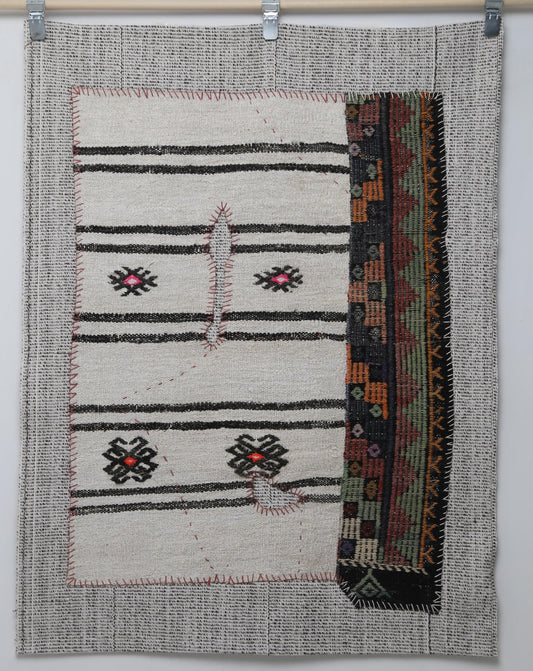 Kilim Tapestry Wall Hanging Rug, Minimal Striped Textile Art, Neutral Boho Wall Decor, Black White Flatweave Panel 4x3 ft