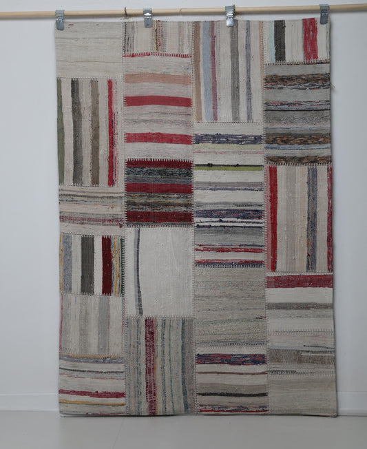 4'0 x 5'8 Vintage Turkish Kilim Patchwork Rug, Beige Multicolor Wool Cotton Area Rug