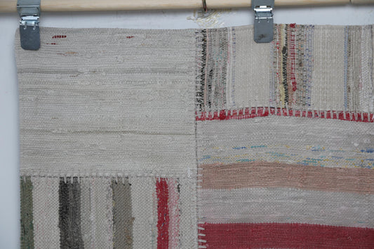 4'0 x 5'8 Vintage Turkish Kilim Patchwork Rug, Beige Multicolor Wool Cotton Area Rug