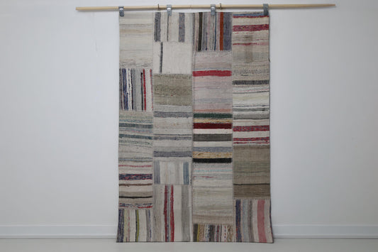 3'9 x 5'10 Vintage Turkish Kilim Patchwork Rug, Beige Multicolor Wool Cotton Area Rug