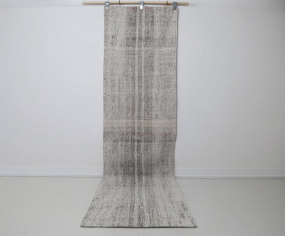 Vintage Turkish Runner Rug 2x9ft, black white striped front view
