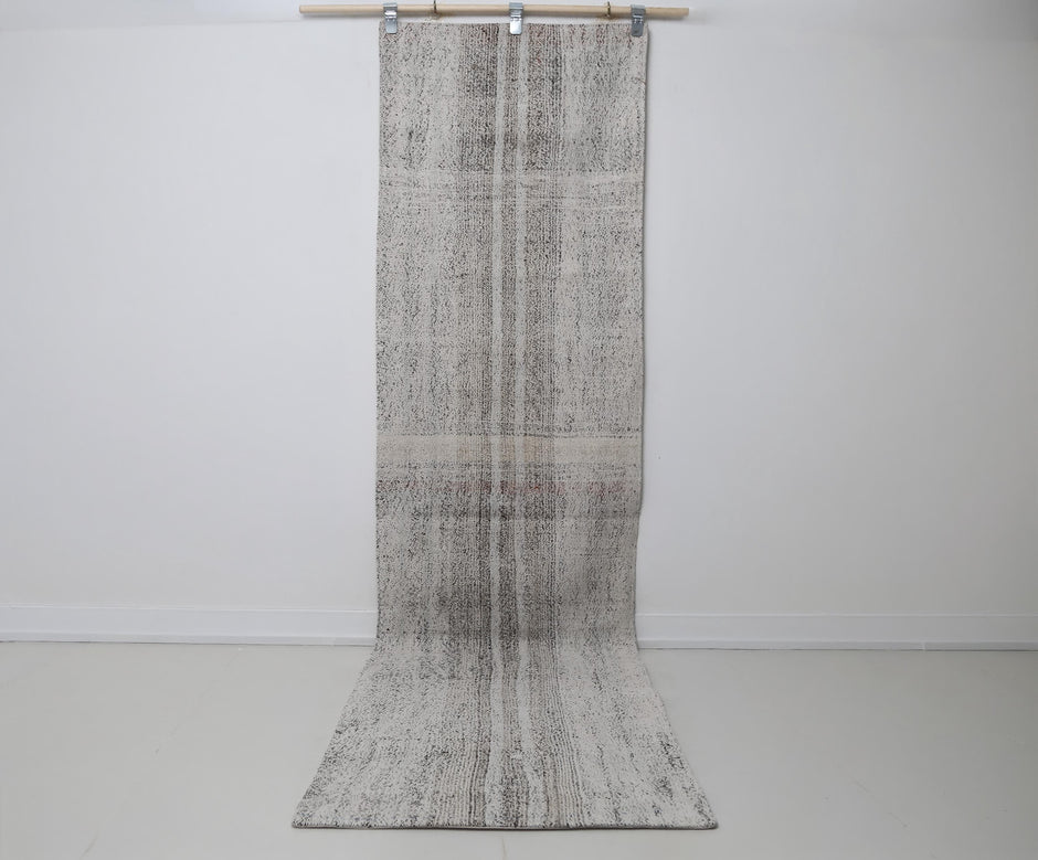 Vintage Turkish Runner Rug 2x9ft, black white striped front view