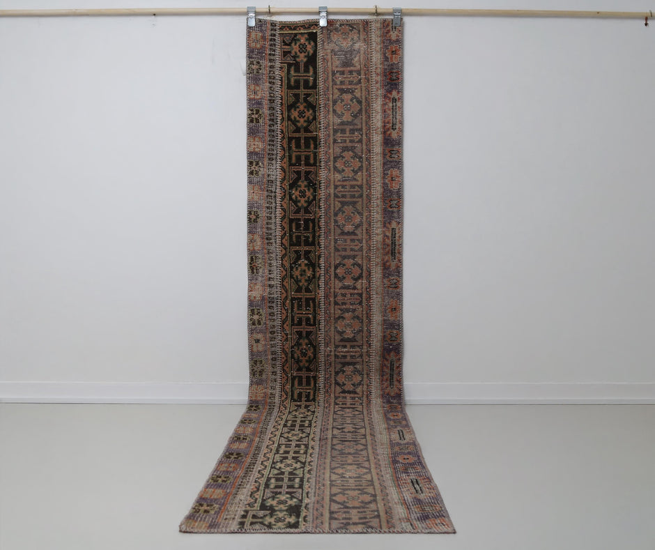 Vintage Turkish Runner Rug 2'3x10'2ft, multicolor patchwork front view