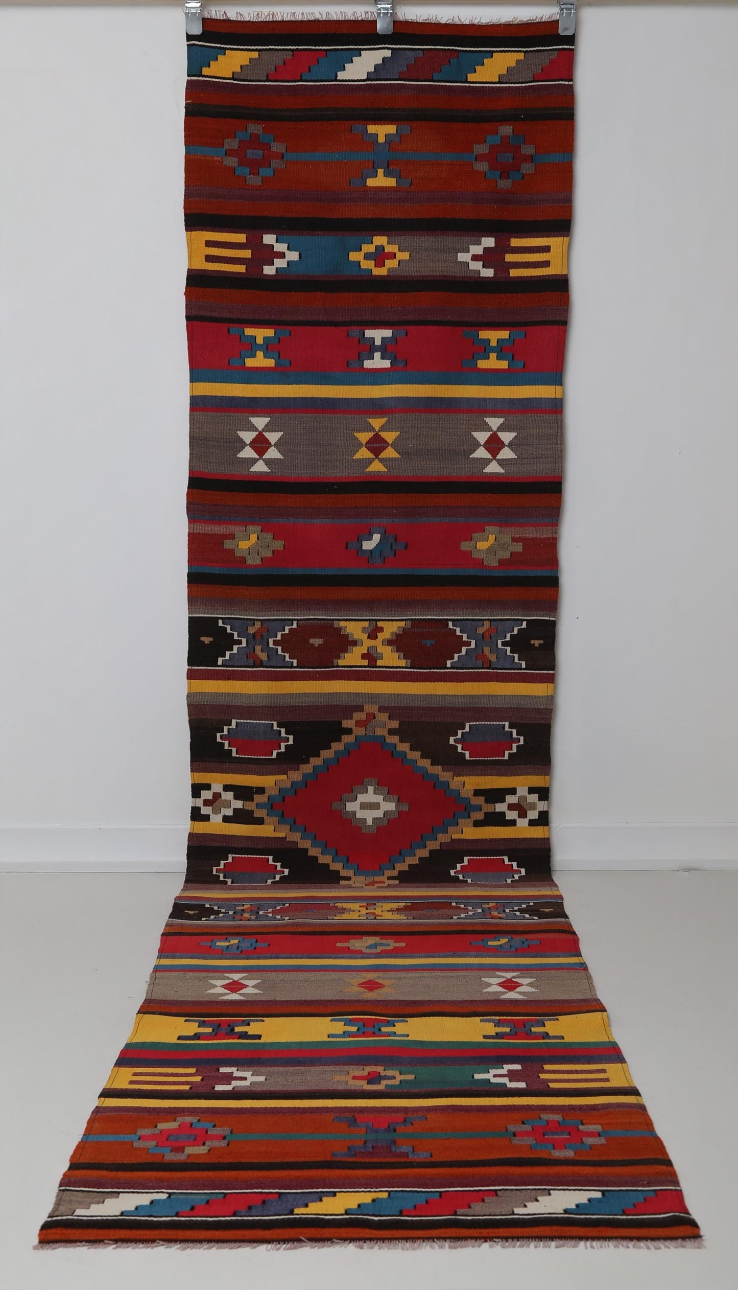 Vintage Turkish Kilim Runner Rug 2'6 x 10'3 ft, Red Striped Tribal Kilim, Long Hallway Runner