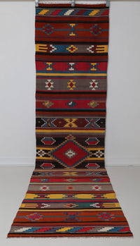 Vintage Turkish Kilim Runner Rug, Red Striped Tribal (2x10) - photo 2 of 10
