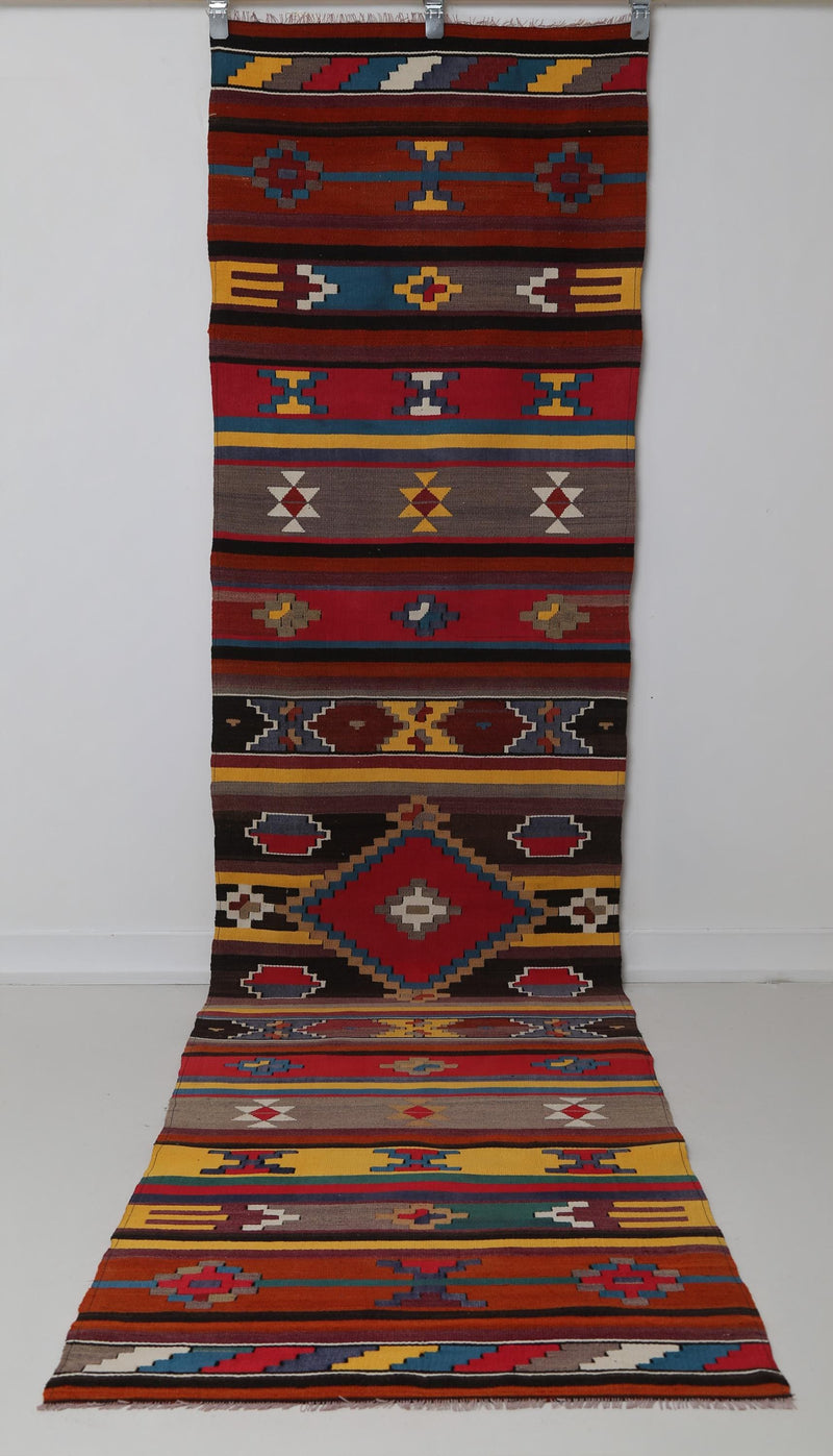 Vintage Turkish Kilim Runner Rug 2'6 x 10'3 ft, Red Striped Tribal Kilim, Long Hallway Runner