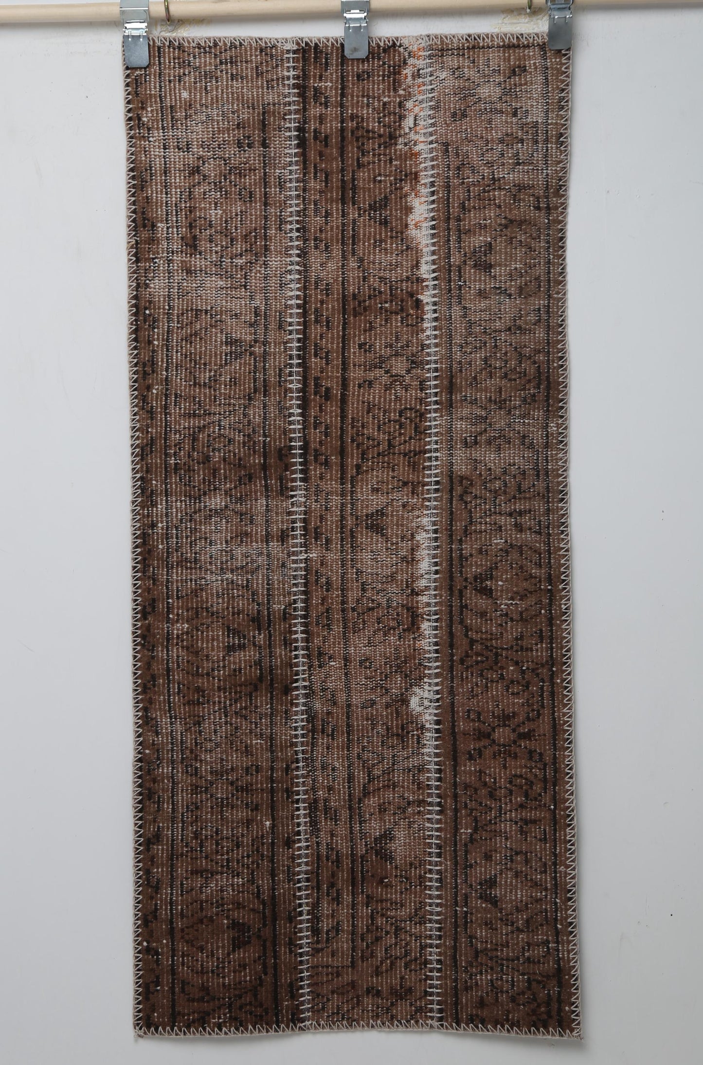 1'11 x 4'5 Vintage Turkish Patchwork Runner Rug, Brown Wool Cotton Narrow Hallway Rug