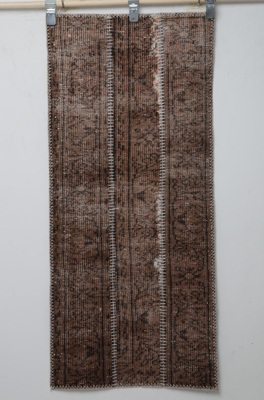 1'11 x 4'5 Vintage Turkish Patchwork Runner Rug, Brown Wool Cotton Narrow Hallway Rug