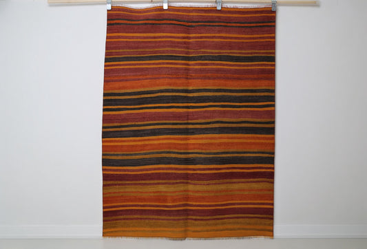 Vintage Turkish Kilim Rug 4'2 x 5'7 ft, Orange Red Striped Wool Kilim, Colorful Boho Area Rug