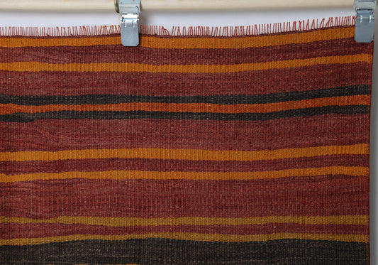 Vintage Turkish Kilim Rug 4'2 x 5'7 ft, Orange Red Striped Wool Kilim, Colorful Boho Area Rug
