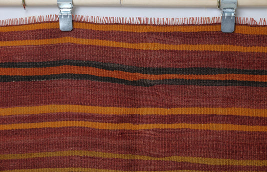 Vintage Turkish Kilim Rug 4'2 x 5'7 ft, Orange Red Striped Wool Kilim, Colorful Boho Area Rug