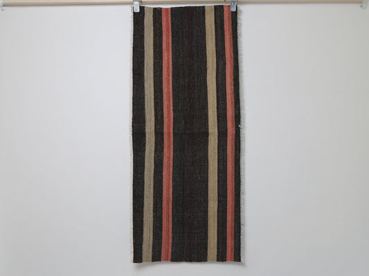 2x5 Vintage Turkish Kilim Runner Rug, Black Brown Striped Wool Flatweave Hallway Rug