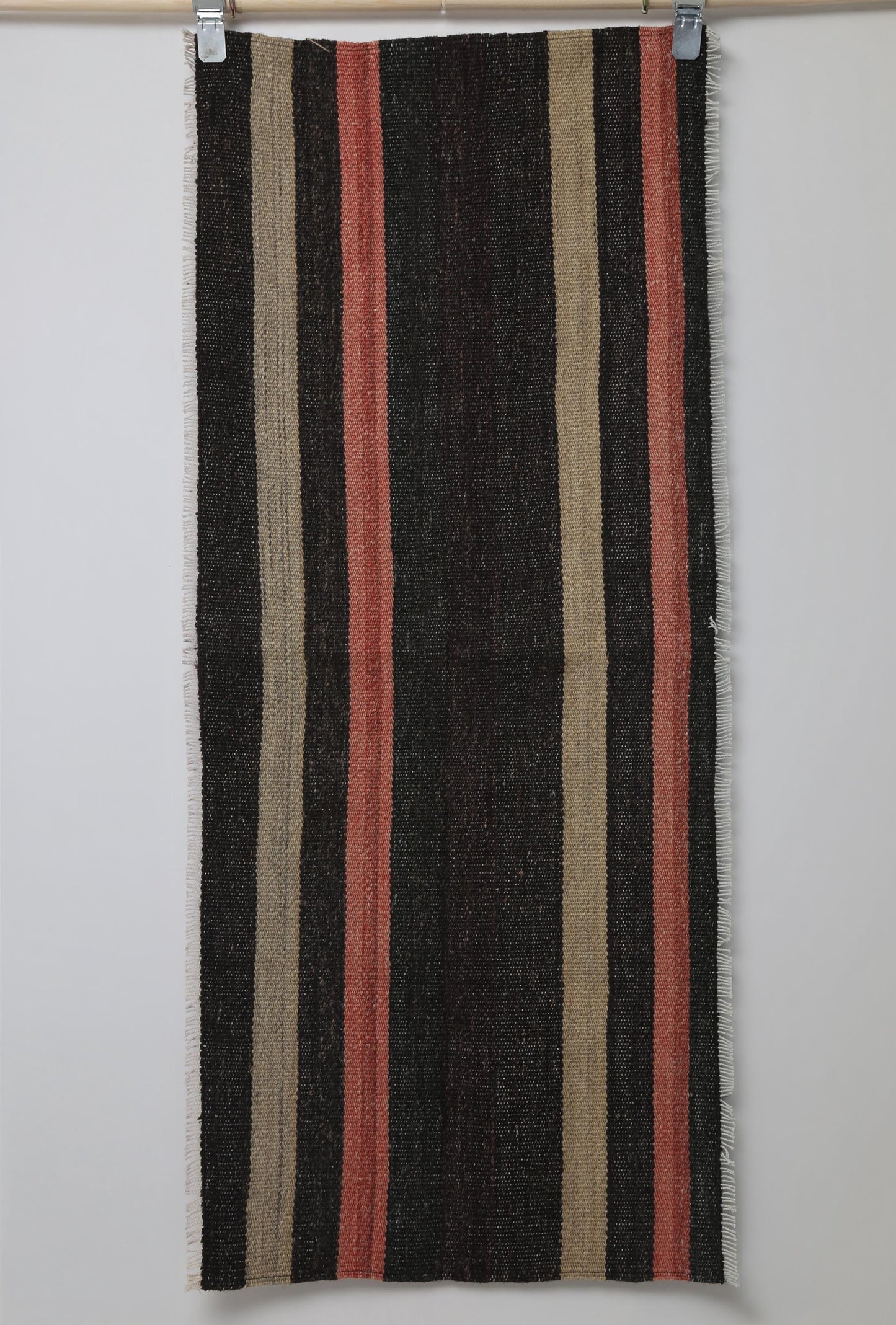 2x5 Vintage Turkish Kilim Runner Rug, Black Brown Striped Wool Flatweave Hallway Rug
