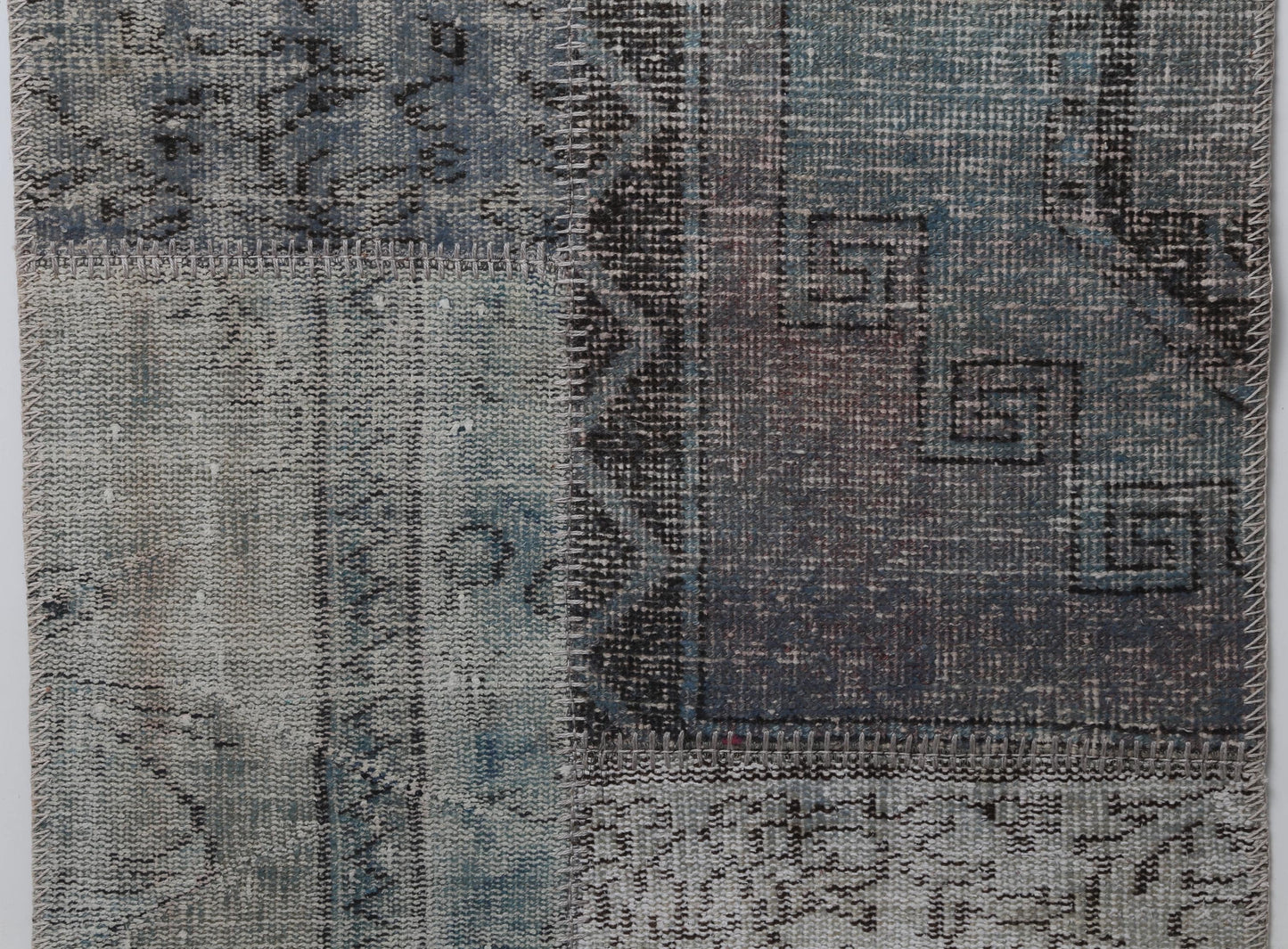 2x8 Vintage Turkish Patchwork Runner Rug, Gray Blue Overdyed Wool Cotton Hallway Rug