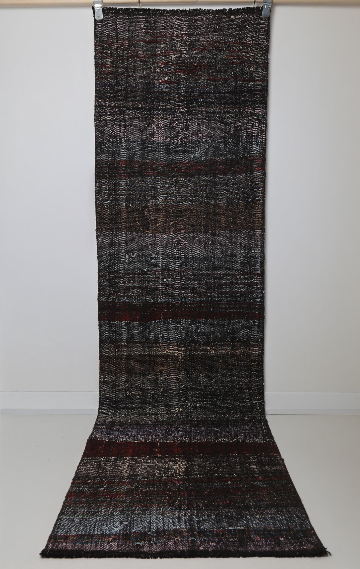 2x9 Vintage Turkish Flatweave Runner Rug, Black Red Striped Wool Cotton Hallway Rug
