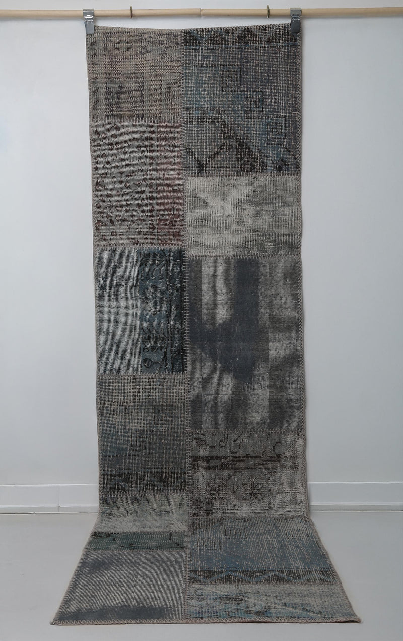 2x8 Vintage Patchwork Runner Rug, Blue Toned Wool Cotton Design, Narrow Hallway Rug