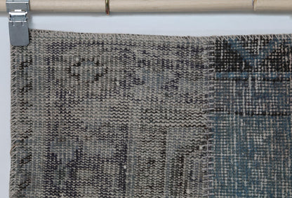  Full vintage patchwork runner rug hanging showing narrow hallway rug in blue gray tones