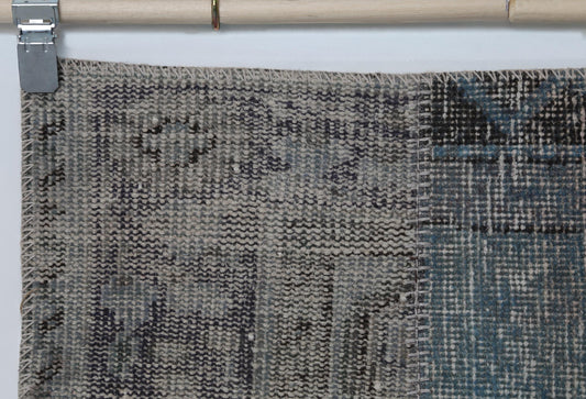 2x8 Vintage Patchwork Runner Rug, Blue Toned Wool Cotton Design, Narrow Hallway Rug