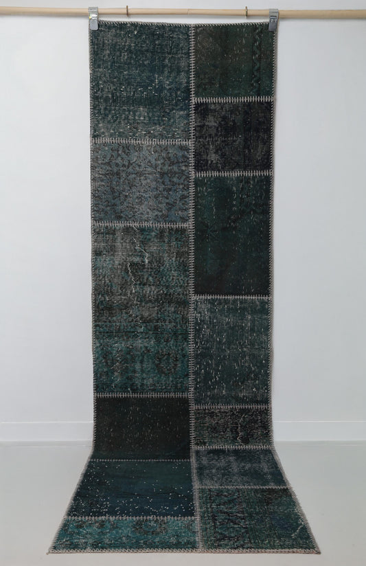 2x9 Vintage Patchwork Runner Rug, Green Wool Cotton Hallway Rug, Handmade Narrow Area Rug