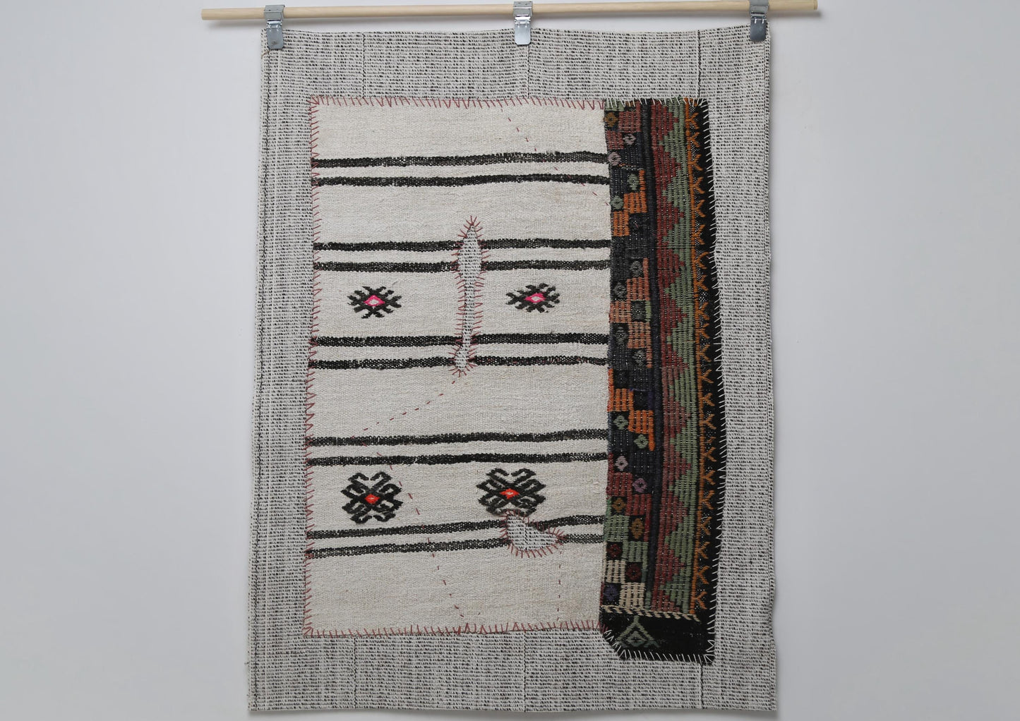 Kilim Tapestry Wall Hanging Rug, Minimal Striped Textile Art, Neutral Boho Wall Decor, Black White Flatweave Panel 4x3 ft
