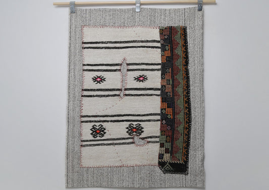 Kilim Tapestry Wall Hanging Rug, Minimal Striped Textile Art, Neutral Boho Wall Decor, Black White Flatweave Panel 4x3 ft