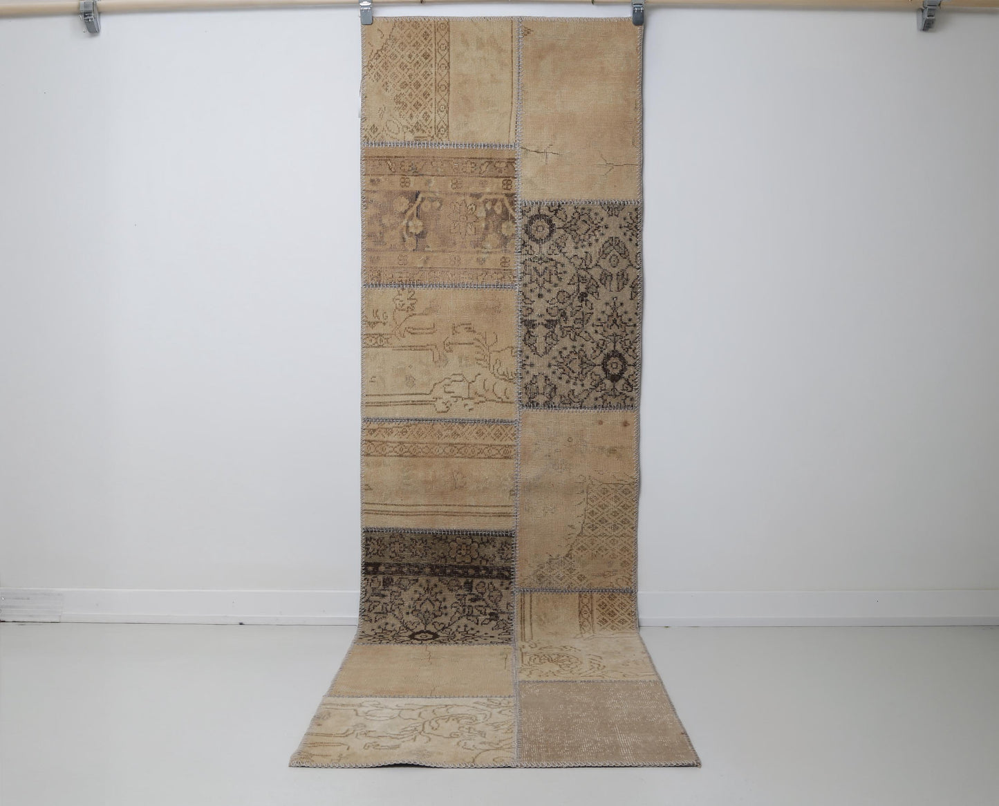 2x9 Vintage Turkish Patchwork Rug, Beige Neutral Runner, Handmade Wool Cotton Hallway Rug