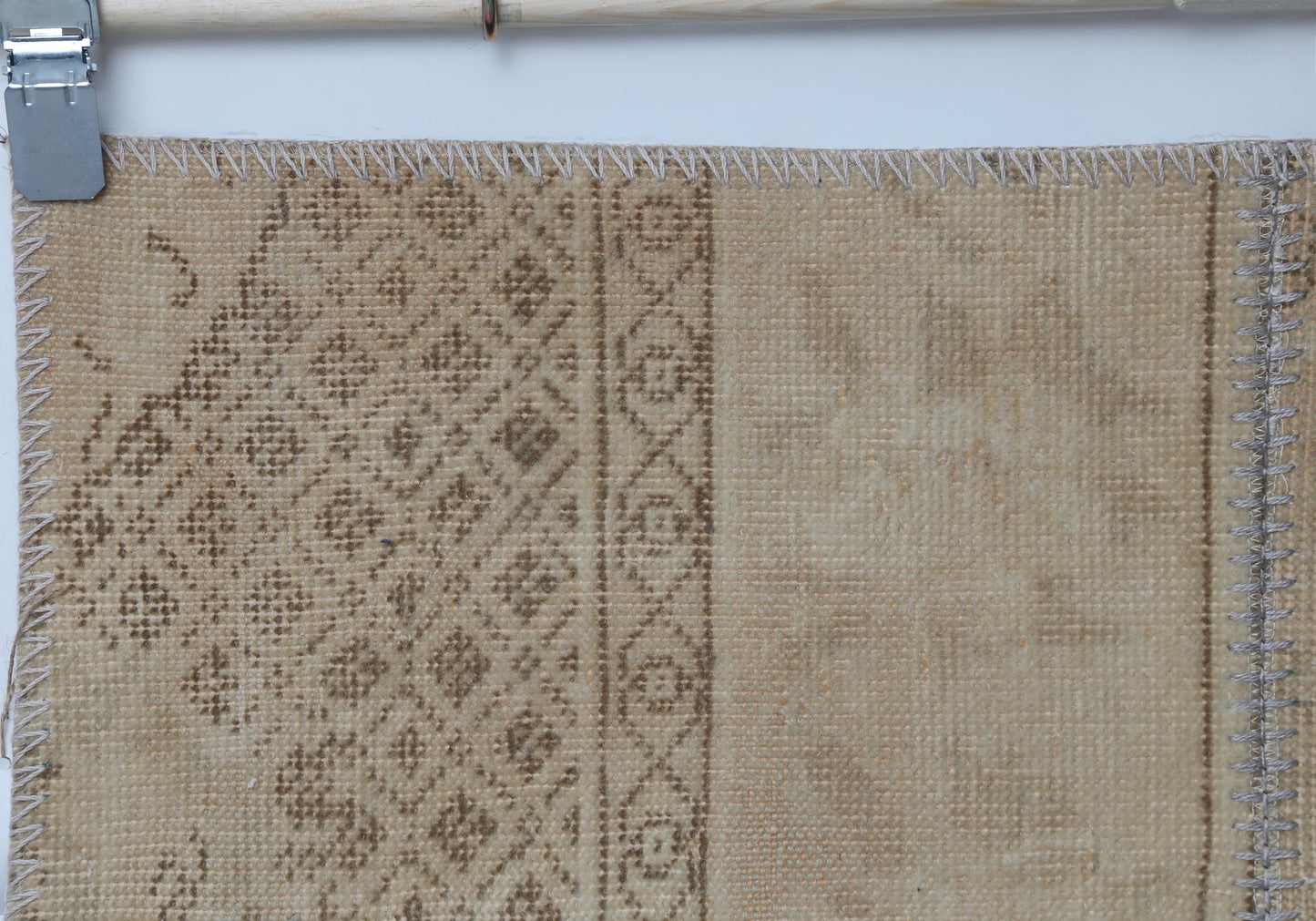 2x9 Vintage Turkish Patchwork Rug, Beige Neutral Runner, Handmade Wool Cotton Hallway Rug