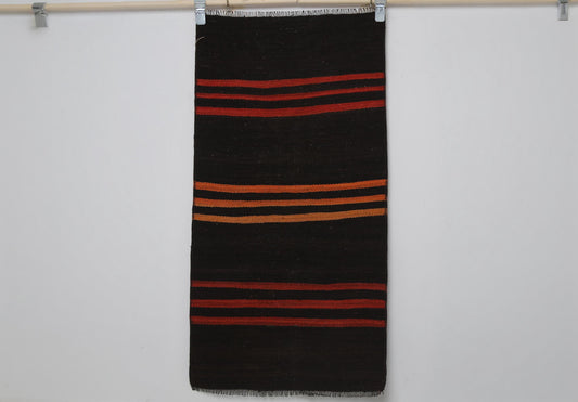 Striped Kilim Runner Rug, Black Red Flatweave Rug, Boho Narrow Runner, Minimal Tribal Kilim 2x4 ft