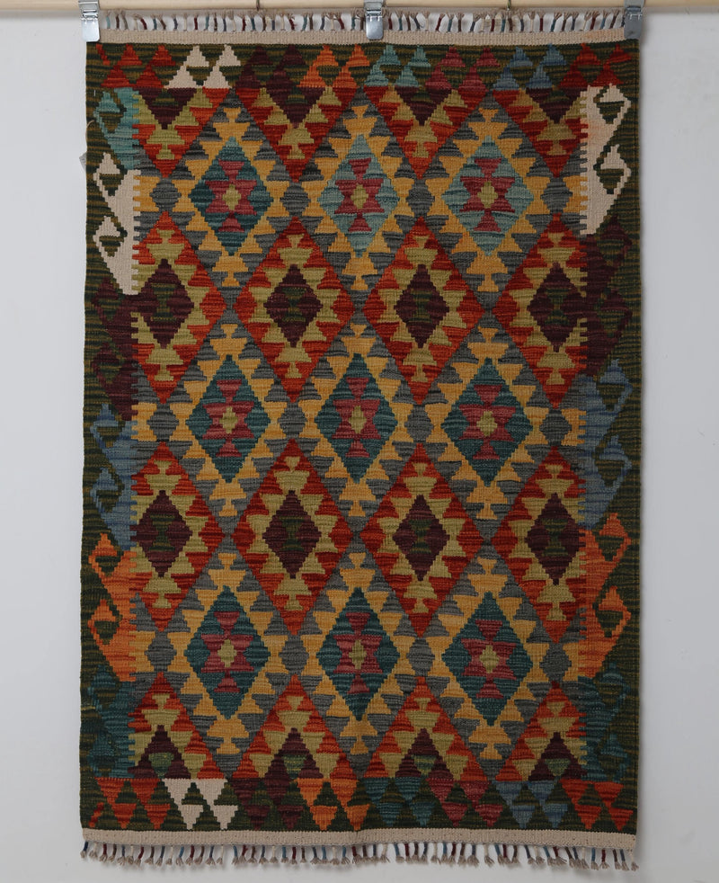 4x5 Vintage Turkish Kilim Rug, Multicolor Oriental Wool Area Rug, Handmade Geometric Decor