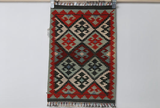2x3 Vintage Turkish Kilim Rug, Red Oriental Wool Accent Rug, Handmade Tribal Flatweave Rug