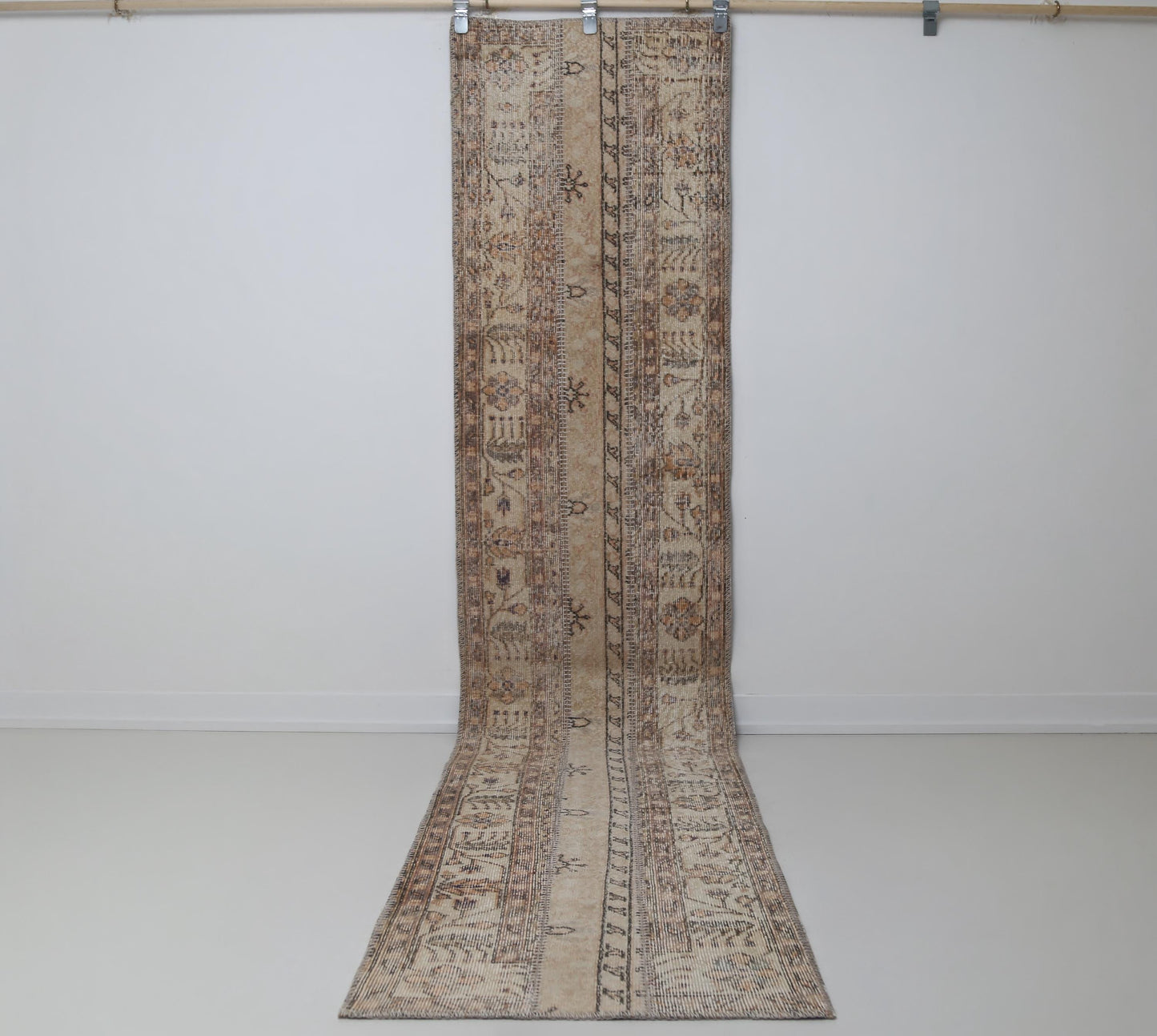 Vintage Patchwork Runner Rug, Extra Long Turkish Hallway Runner, Neutral Beige Brown Carpet, Handmade 2x10 ft