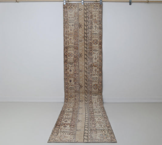 Vintage Patchwork Runner Rug, Extra Long Turkish Hallway Runner, Neutral Beige Brown Carpet, Handmade 2x10 ft
