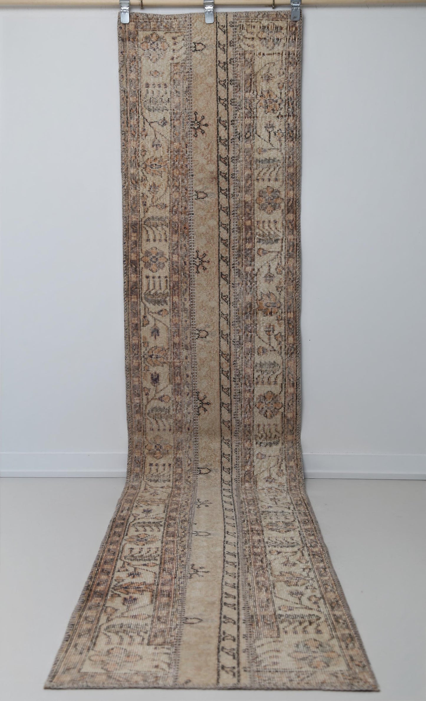 Vintage Patchwork Runner Rug, Extra Long Turkish Hallway Runner, Neutral Beige Brown Carpet, Handmade 2x10 ft