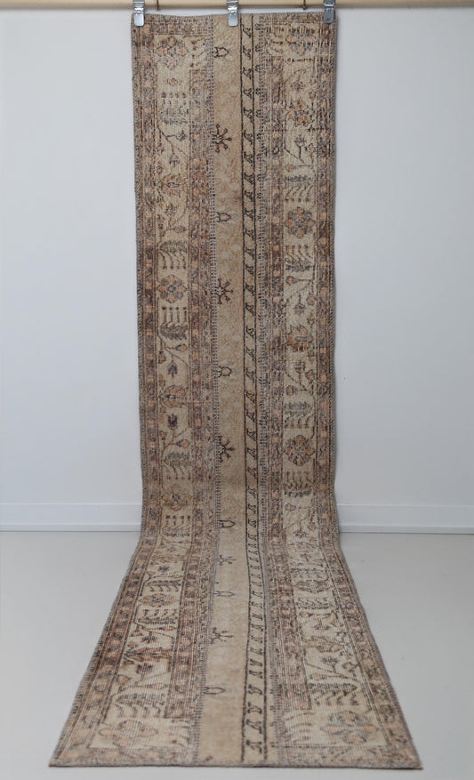Vintage Patchwork Runner Rug, Extra Long Turkish Hallway Runner, Neutral Beige Brown Carpet, Handmade 2x10 ft