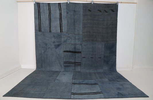 7x10 Vintage Hemp Patchwork Rug, Handmade Blue Turkish Flatweave Area Rug, Minimal Rustic Floor Decor