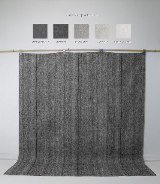 7x7 Vintage Turkish Flatweave Rug, Black White Striped Wool Cotton Kilim, Handmade Minimal Area Rug