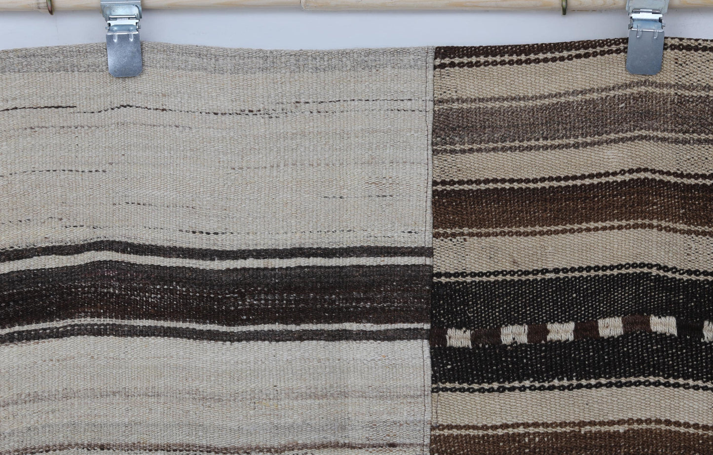 5x6 Vintage Turkish Kilim Patchwork Rug, Brown Beige Striped Wool Cotton Flatweave, Handmade Boho Area Rug